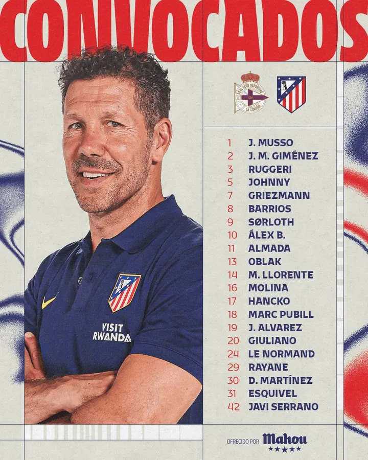 马竞国王杯大名单：格列兹曼、小蜘蛛领衔，加拉格尔缺席